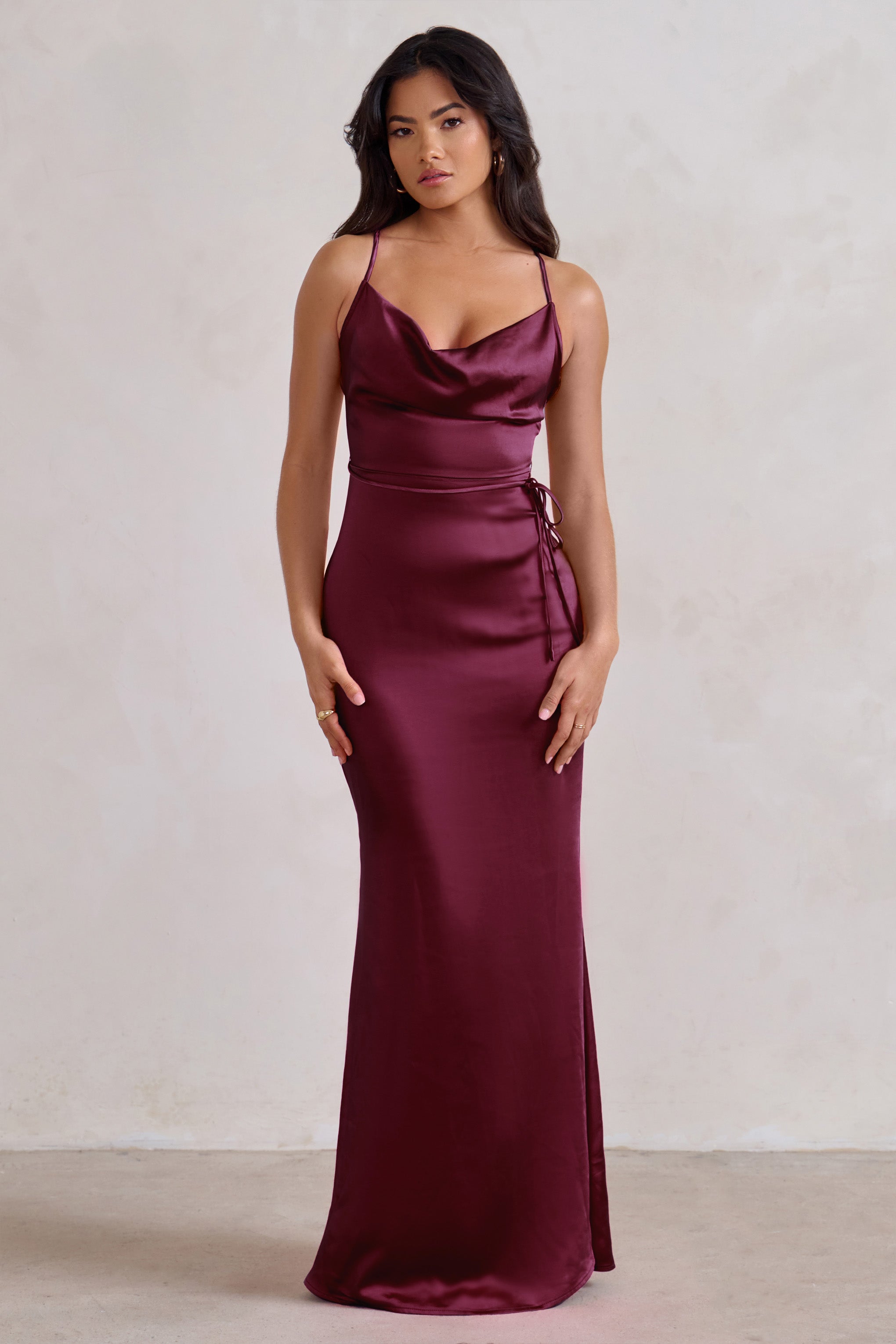 Lifetime | Burgundy Satin Cowl Neck Maxi Dress With Cross Back Detail