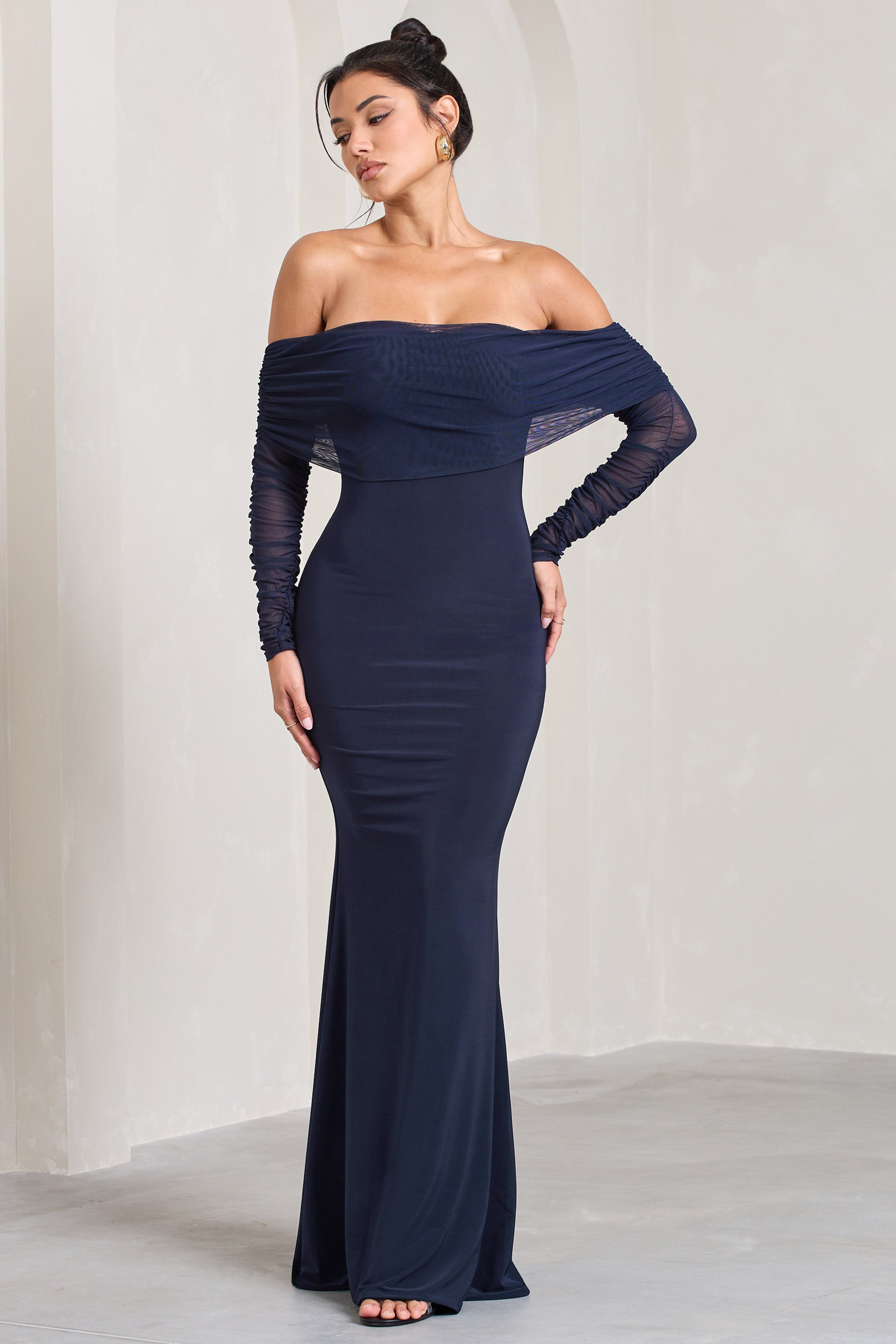 Madeleine | Navy Fishtail Maxi Dress With Bardot Mesh Long Sleeves