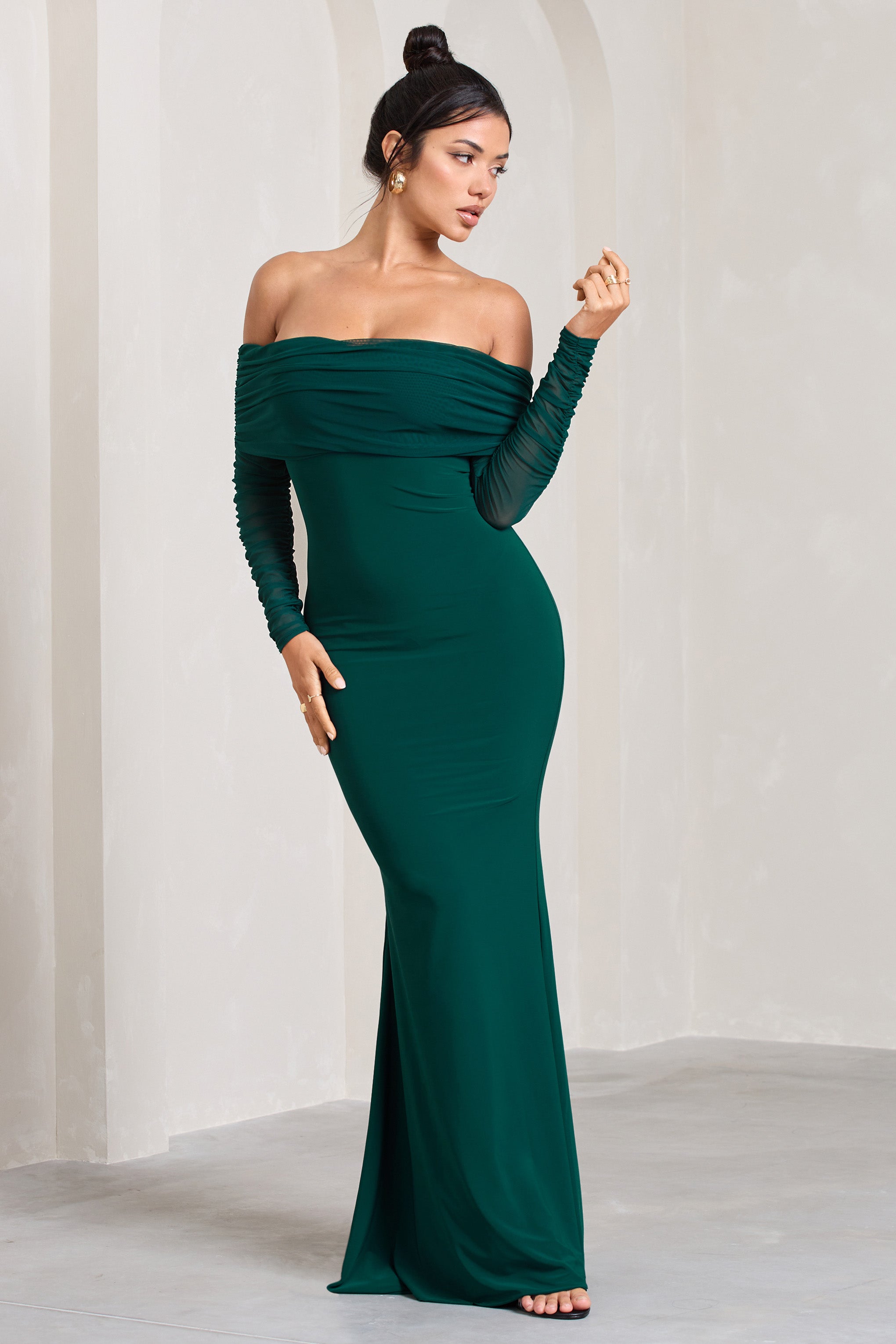 Madeleine | Bottle Green Fishtail Maxi Dress With Bardot Mesh Long Sleeves