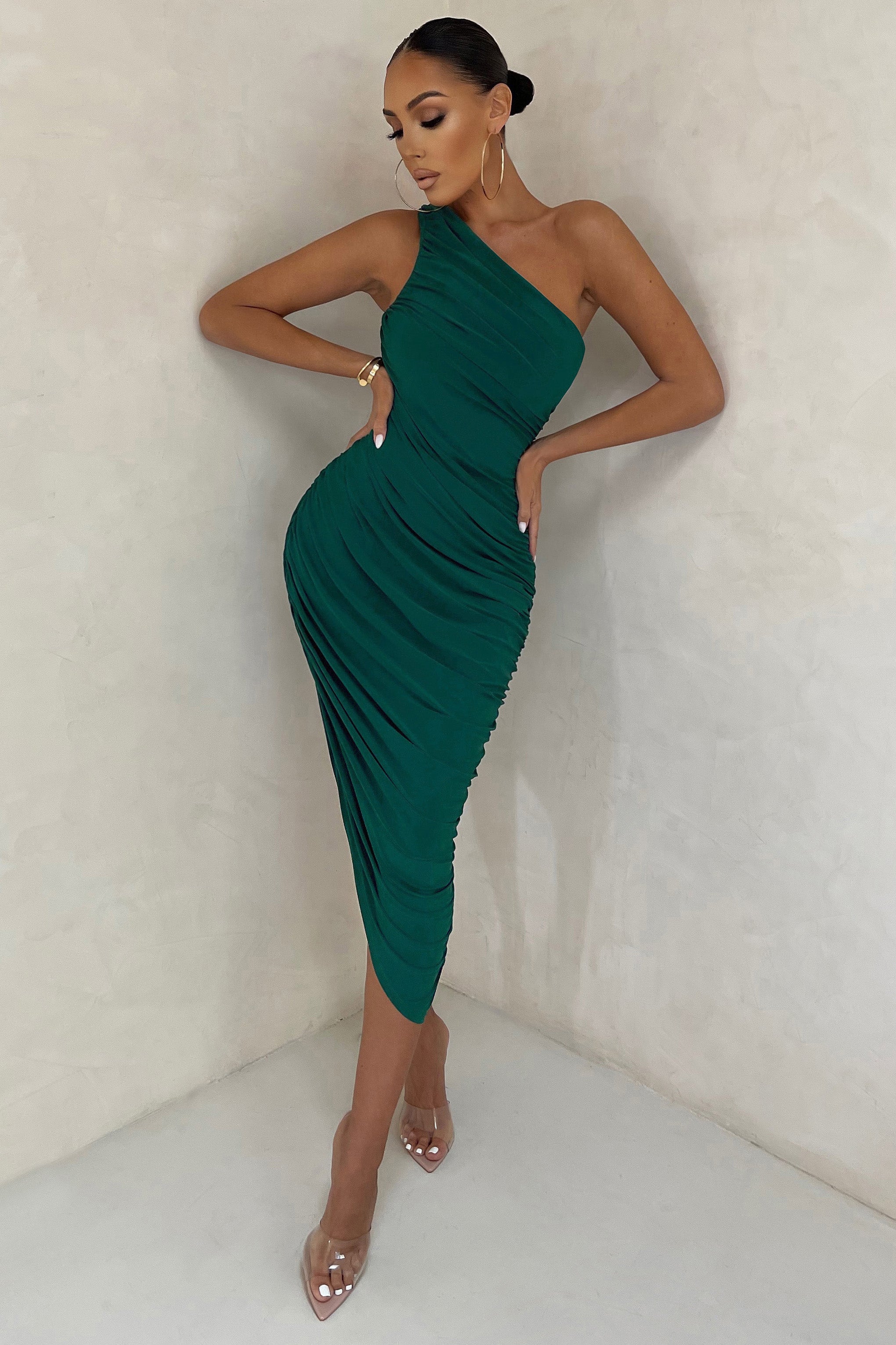 Late Night | Bottle Green Asymmetric One Shoulder Ruched Midi Dress
