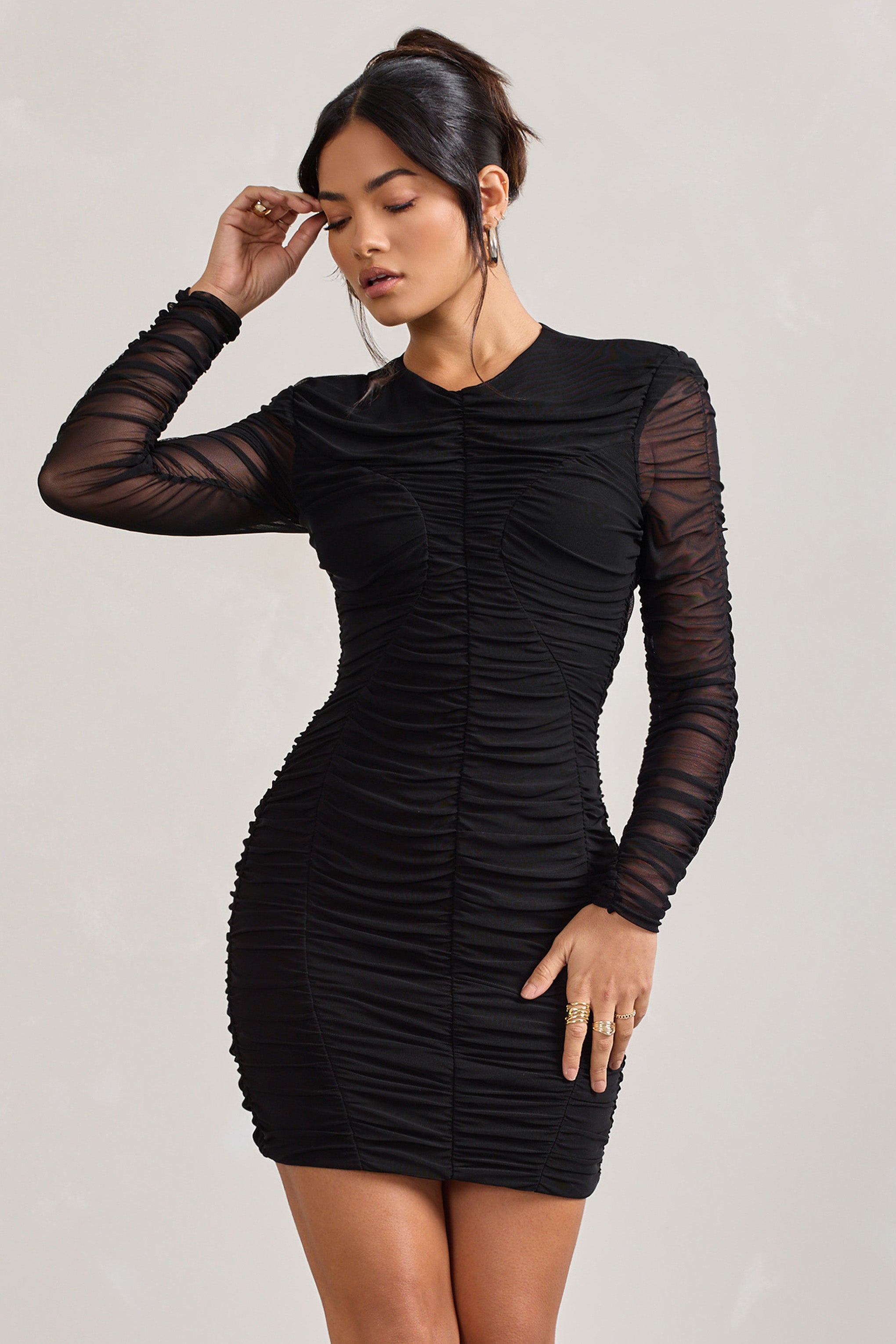 Euphoria | Black Ruched Long Sleeve Mini Dress