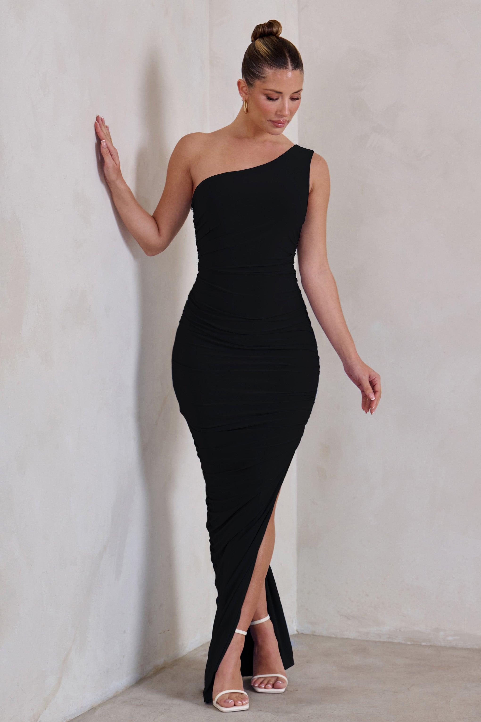 Persia | Black One Shoulder Side Split Ruched Maxi Dress
