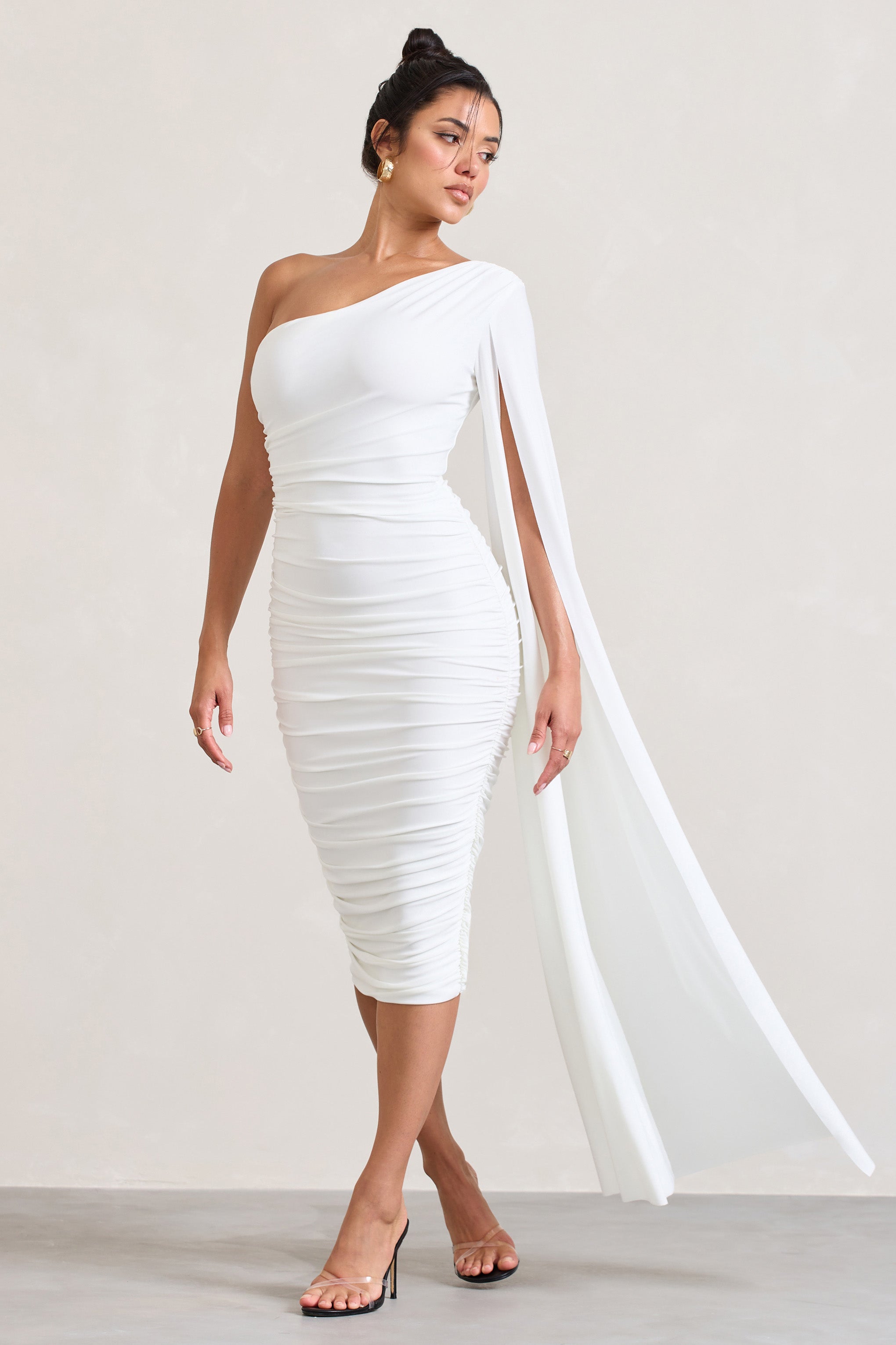 Yara | White One Shoulder Cape Ruched Midi Dress