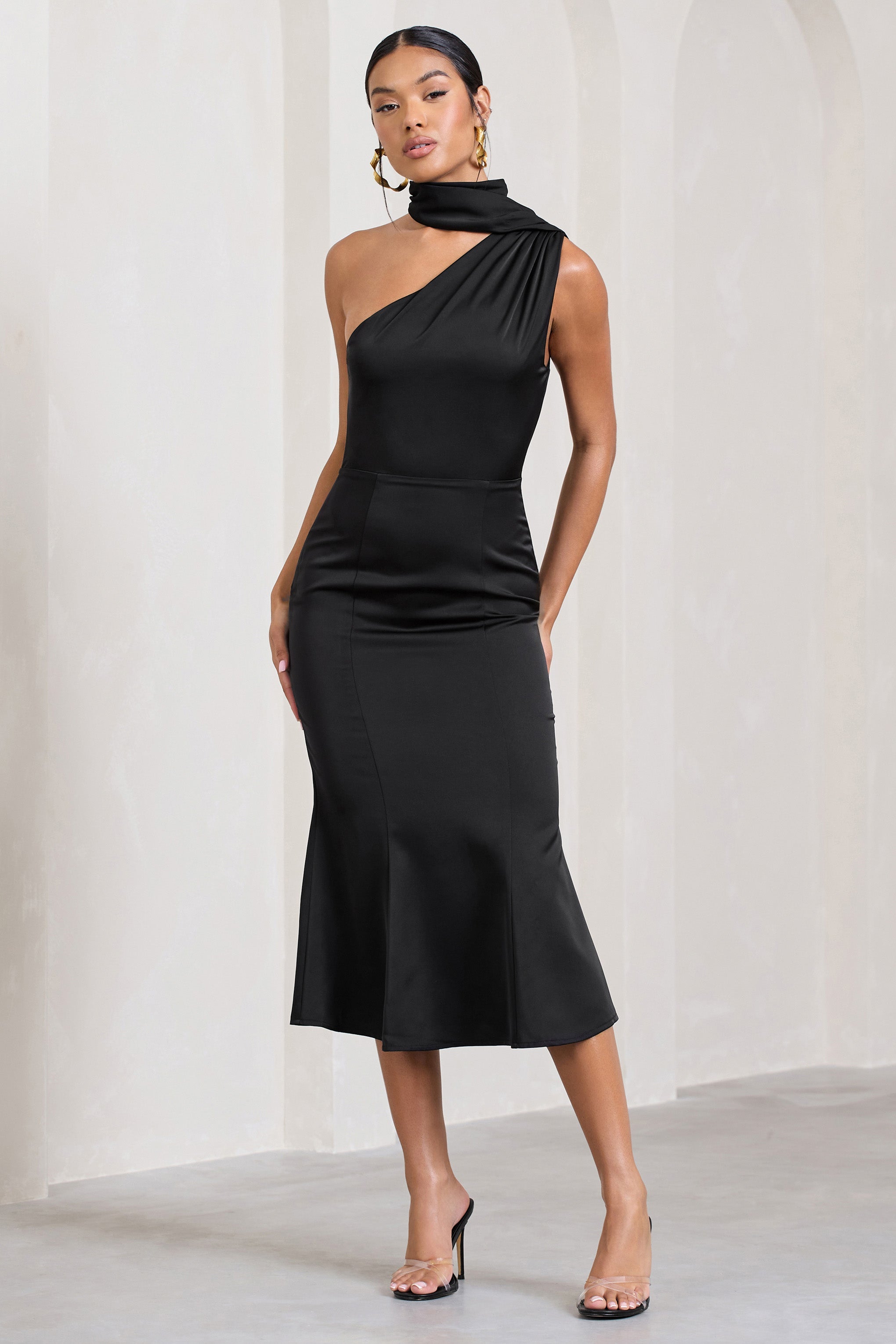 Golden Girl | Black Satin Asymmetric High-Neck Flared Midi Dress