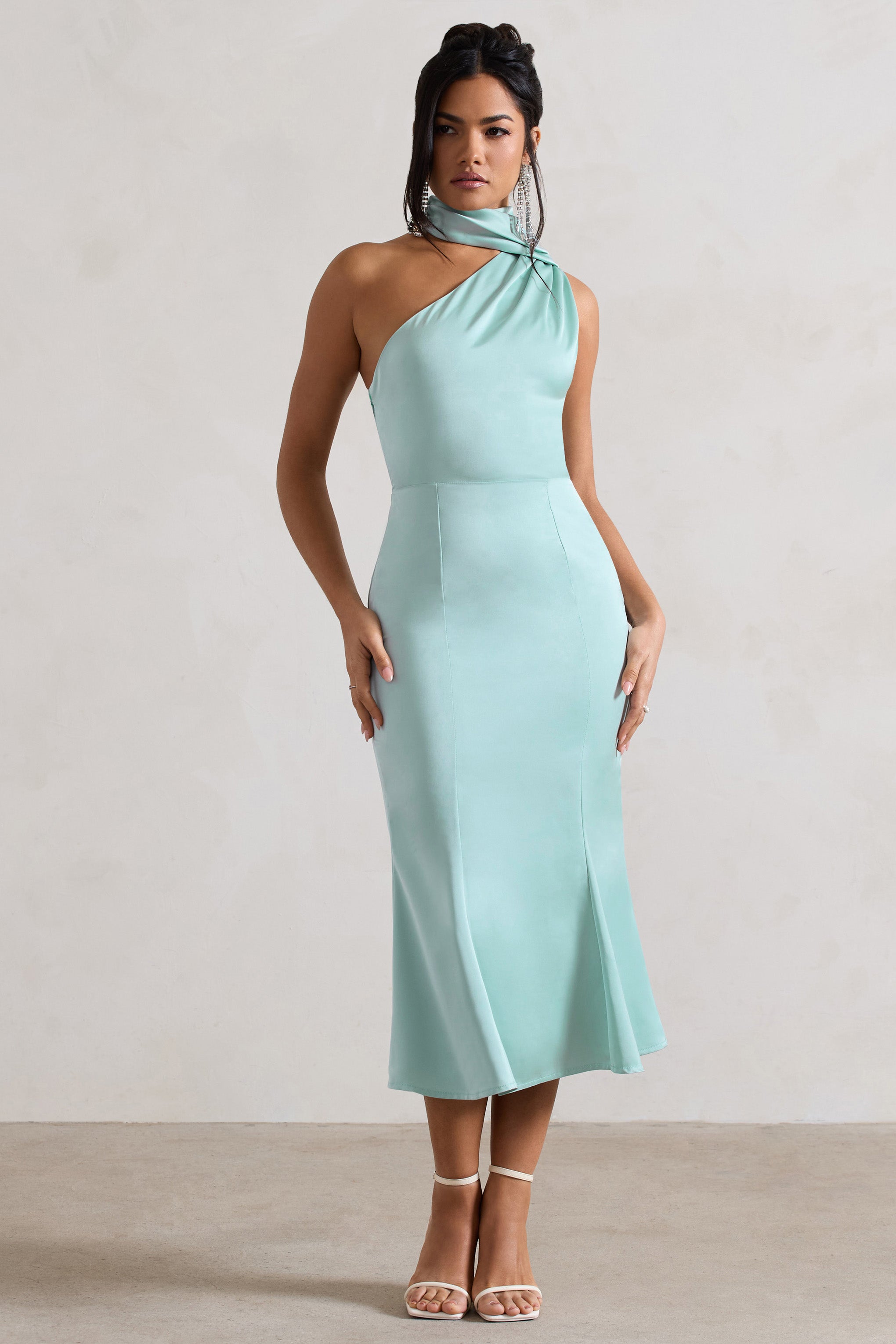 Golden Girl | Mint Satin Asymmetric High-Neck Flared Midi Dress