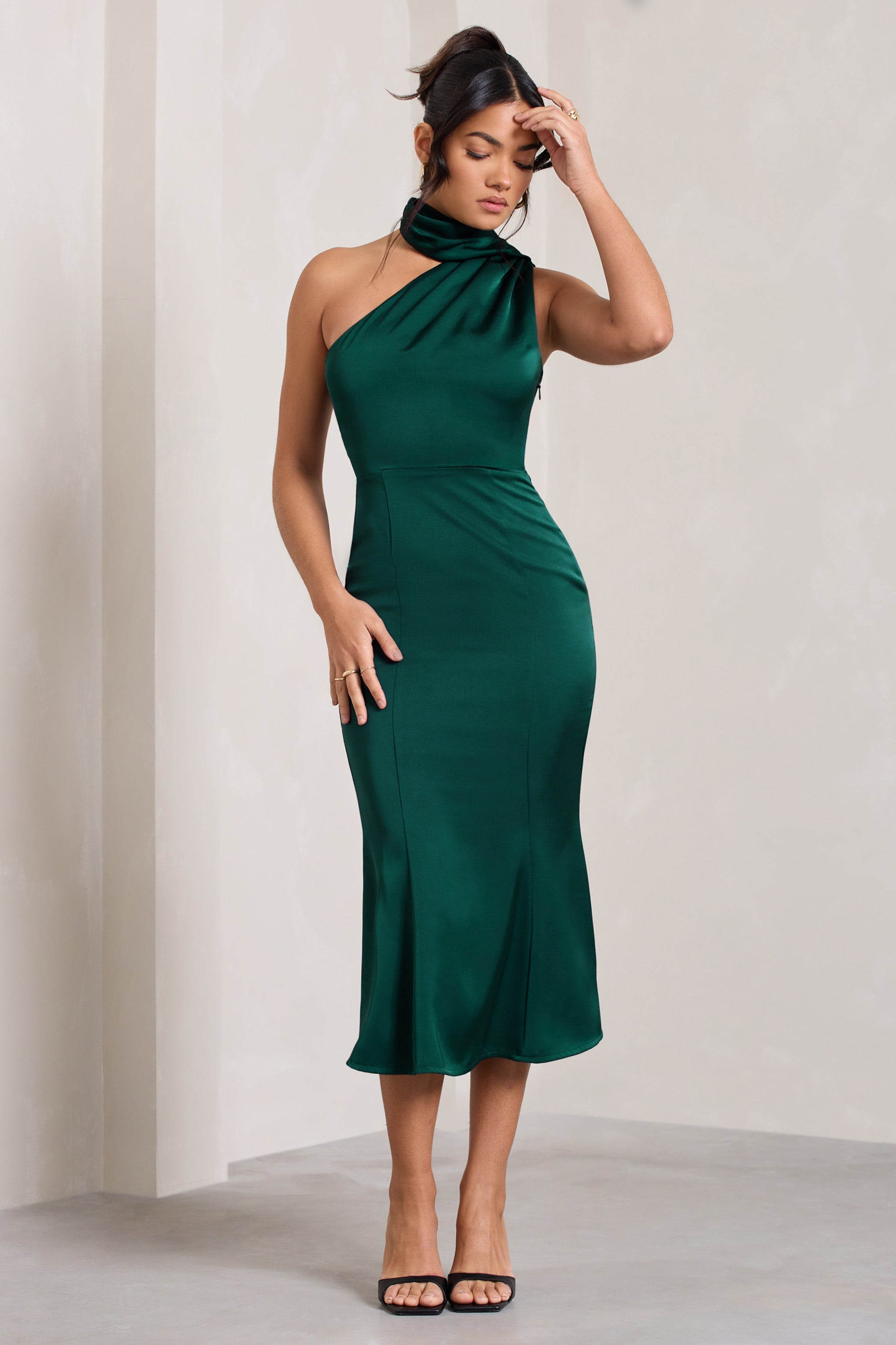 Golden Girl | Bottle Green Satin Asymmetric High-Neck Flared Midi Dress