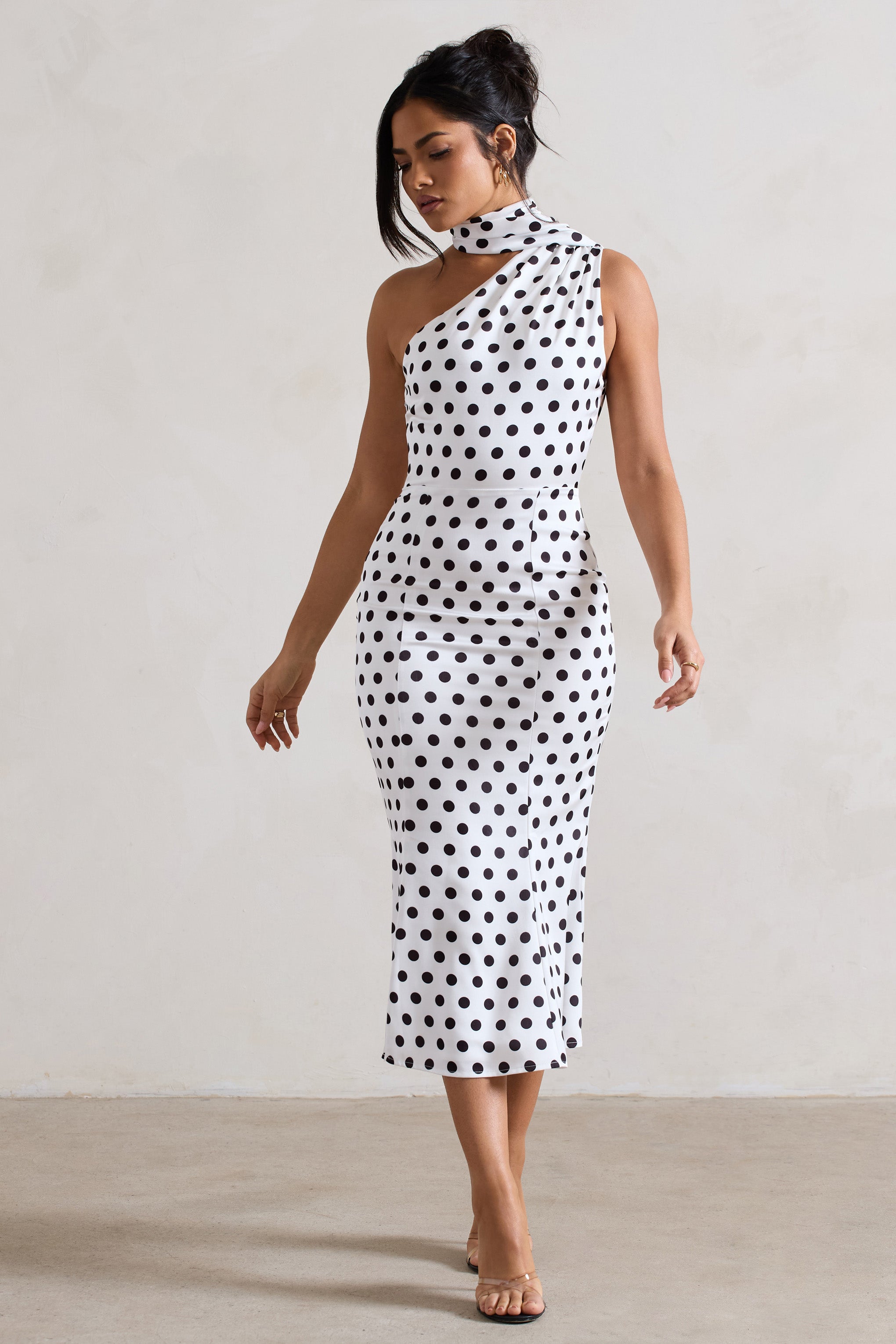 Golden Girl | White Polka Dot Asymmetric High-Neck Flared Midi Dress