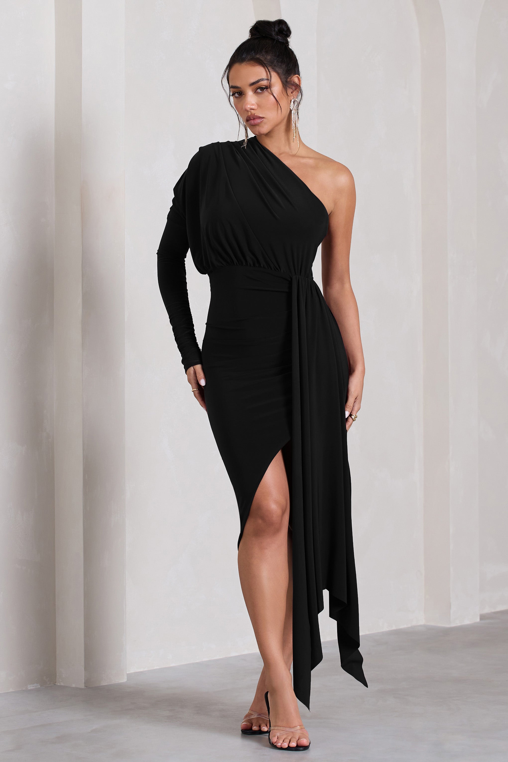 Catherine | Black Asymmetric Midi Dress With Statement Drape