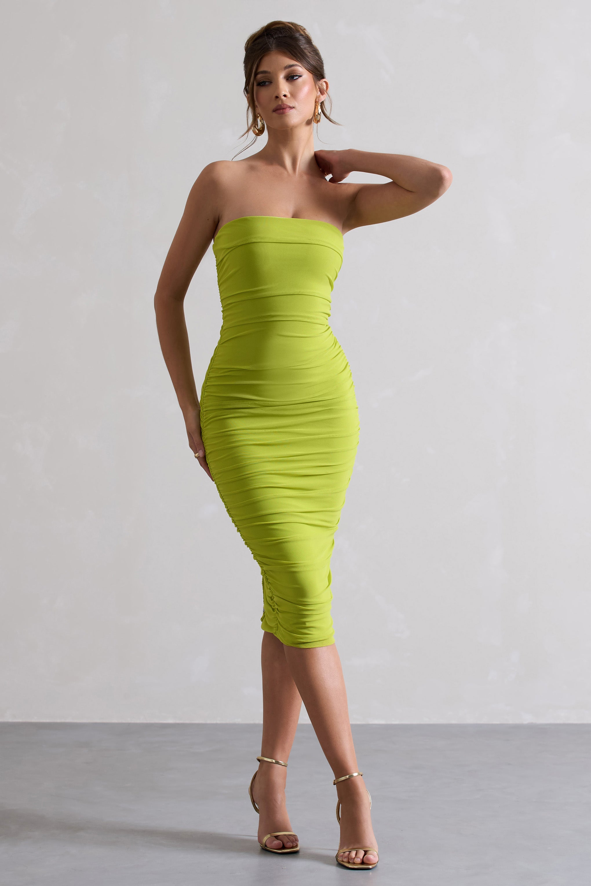 My Girl | Green Strapless Bodycon Ruched Mesh Midi Dress