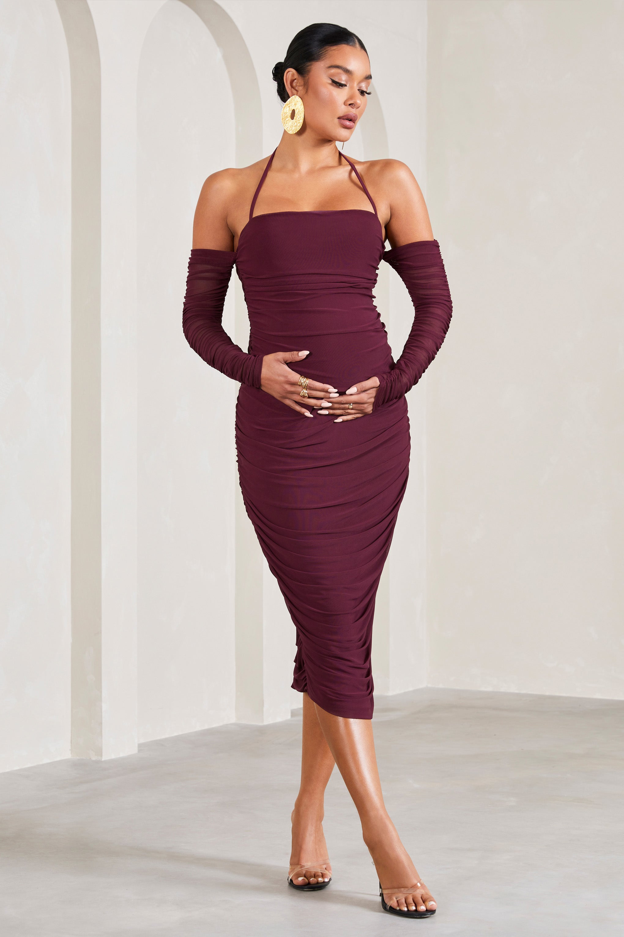 Pixie | Burgundy Ruched Long-Sleeved Halter-Neck Maternity Midi Dress