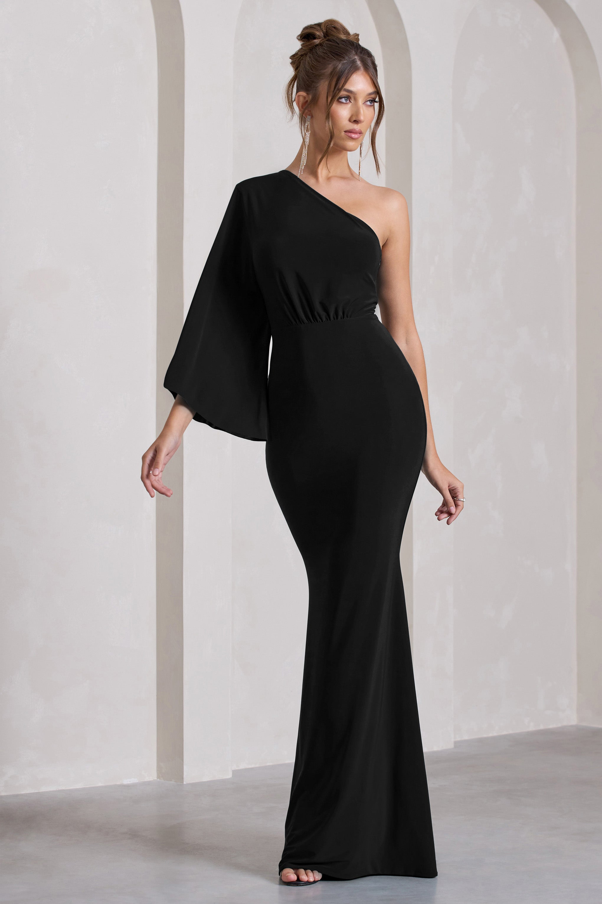 Luciana | Black Asymmetric Maxi Dress With Drape Sleeve