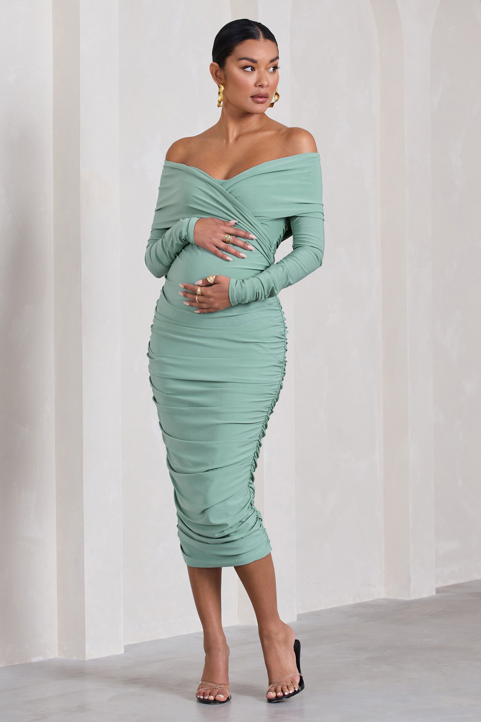 Davina | Sage Ruched Twist Bardot Long-Sleeve Maternity Midi Dress