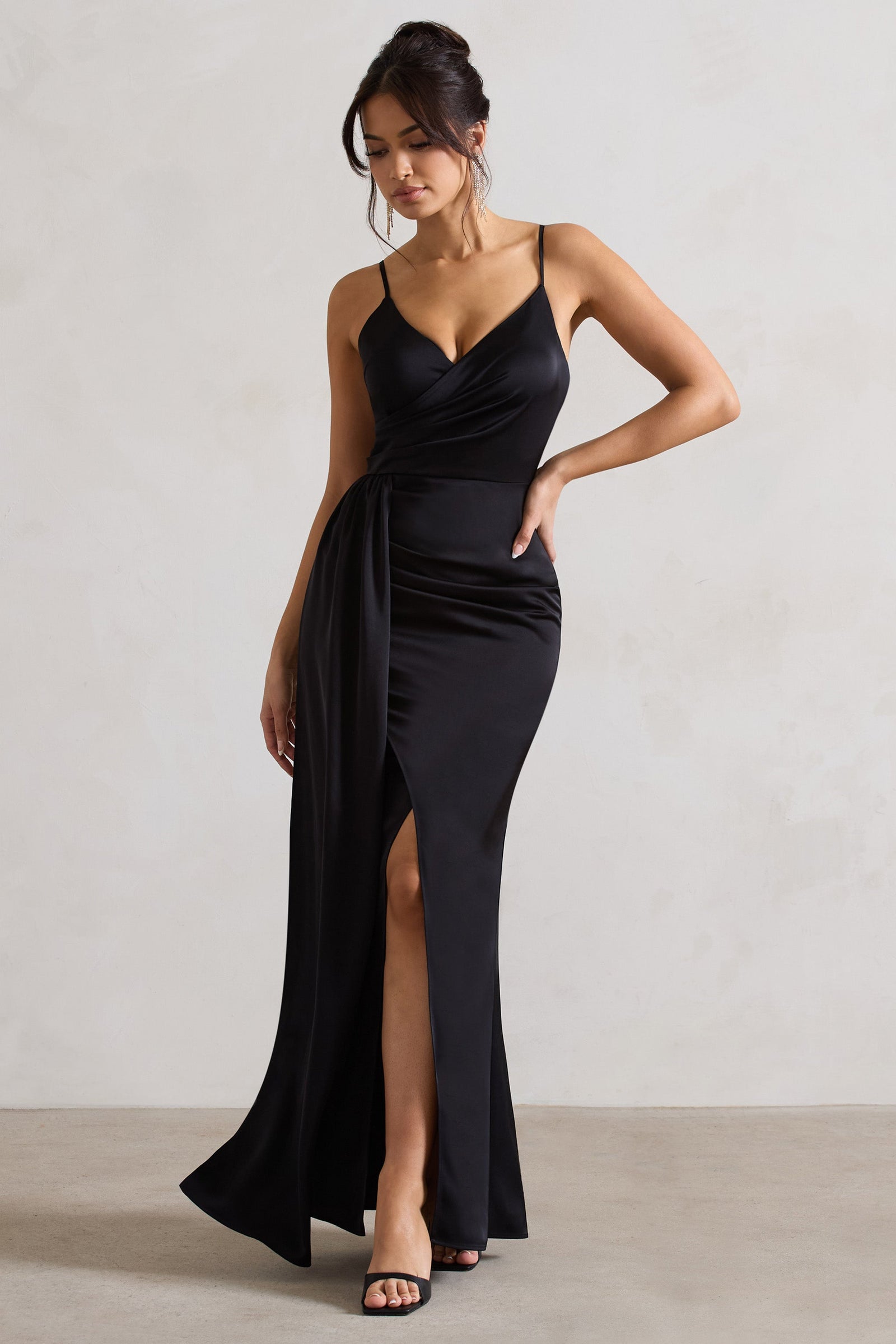 Black Midi Dress - Satin Cowl Neck Dress - High Side Slit Dress