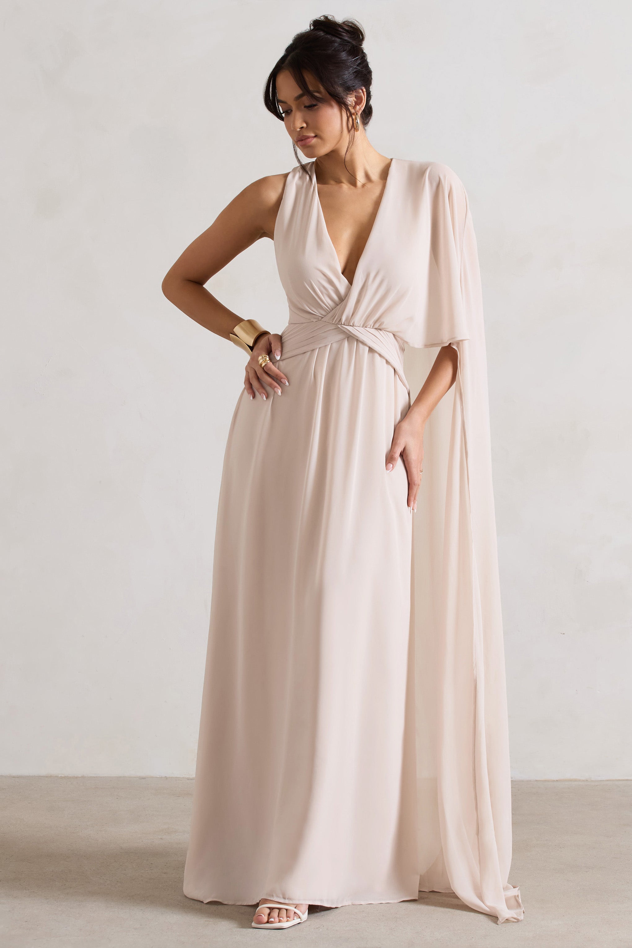Fairytale | Champagne Plunge-Neck Chiffon Maxi Dress With Cape Sleeve