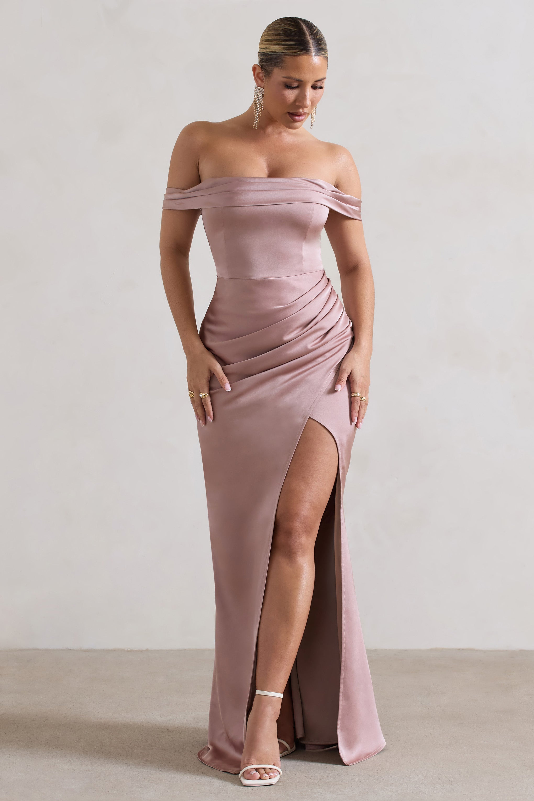 Katia | Blush Pink Satin Bardot Fishtail Maxi Dress