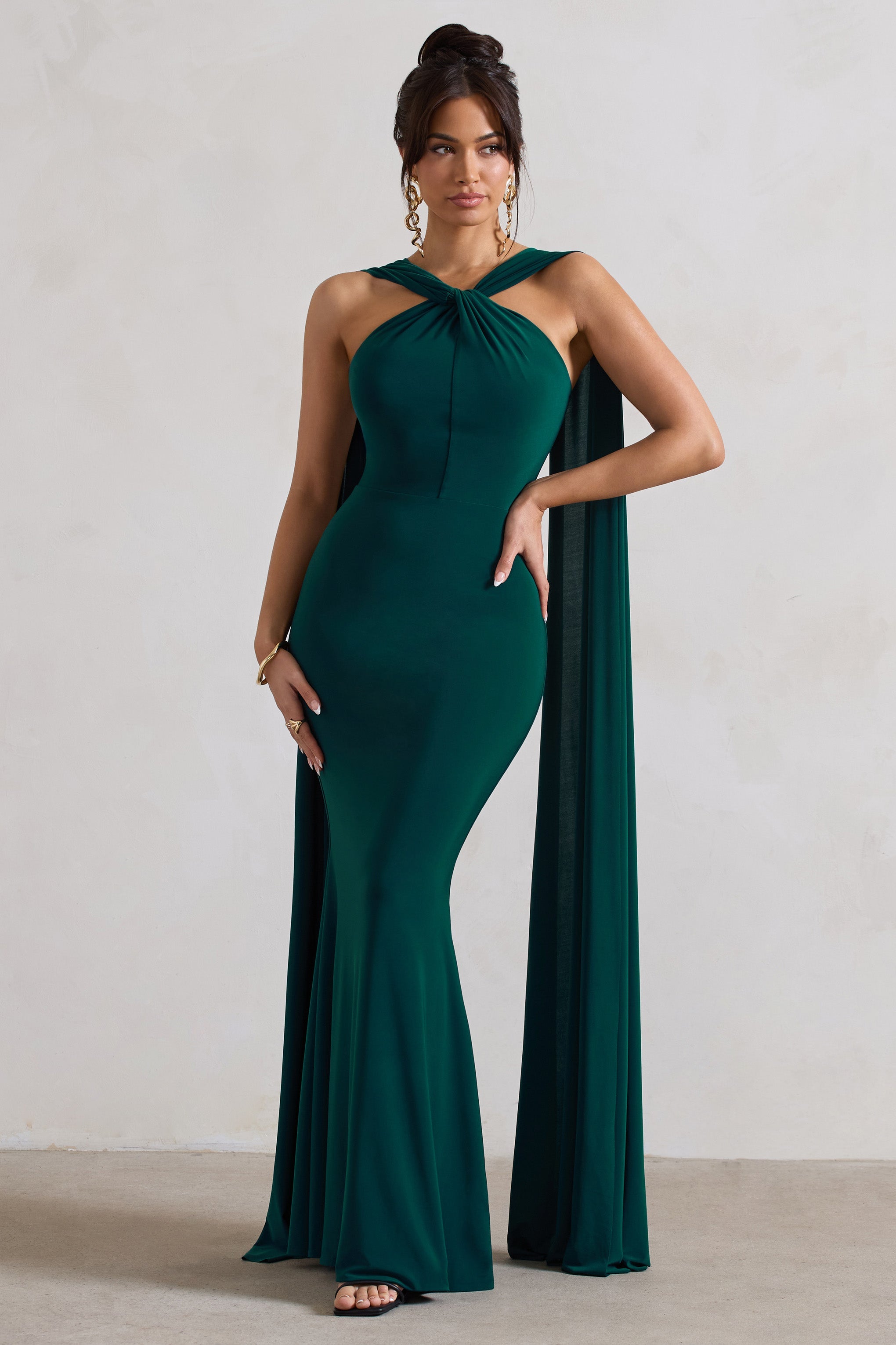 First Glance | Bottle Green Twist-Neck Cape Maxi Dress