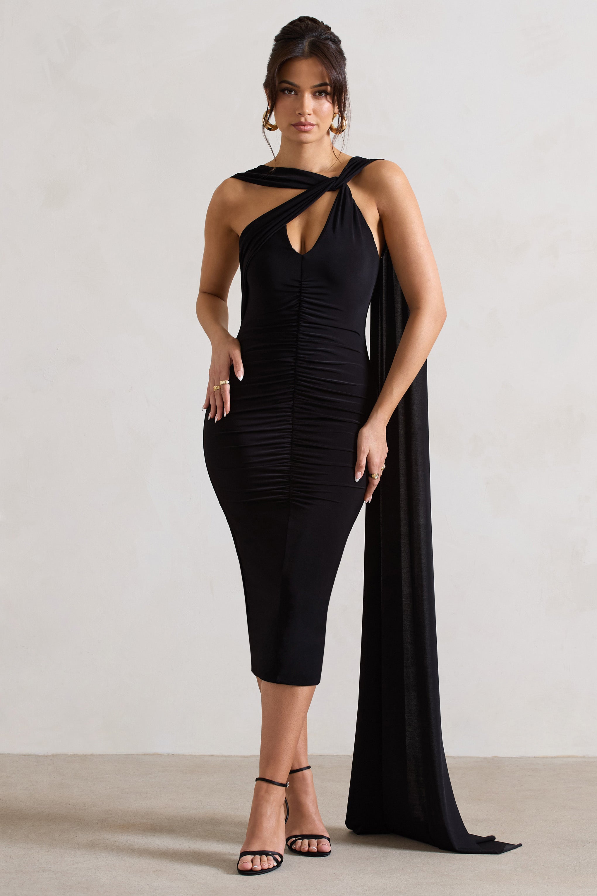 Club L London - Ire - Freedom | black strappy asymmetric cut-out midi dress with cape