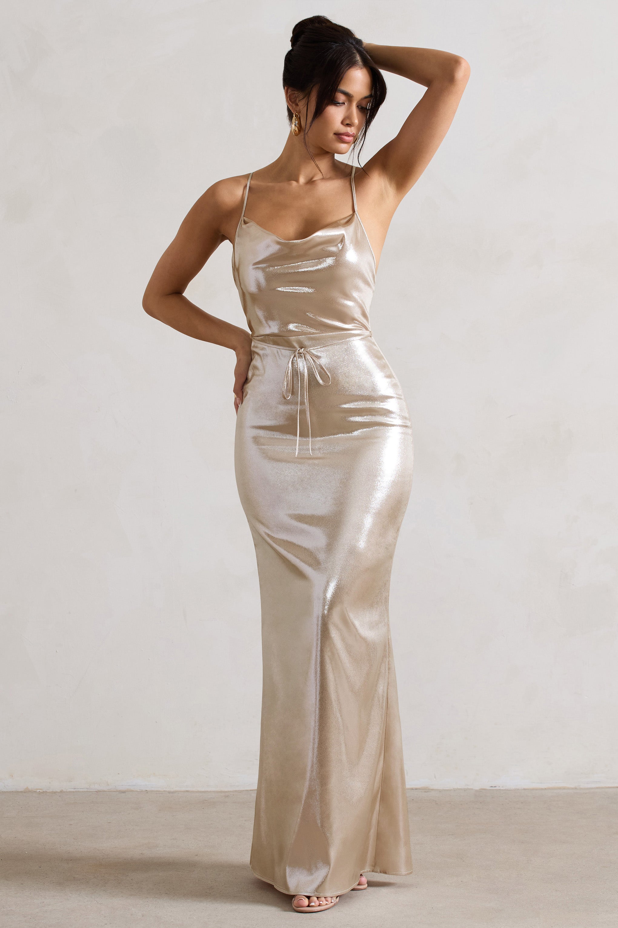 All In Time | Champagne Metallic Cowl-Neck Maxi Dress With Cross Back Detail