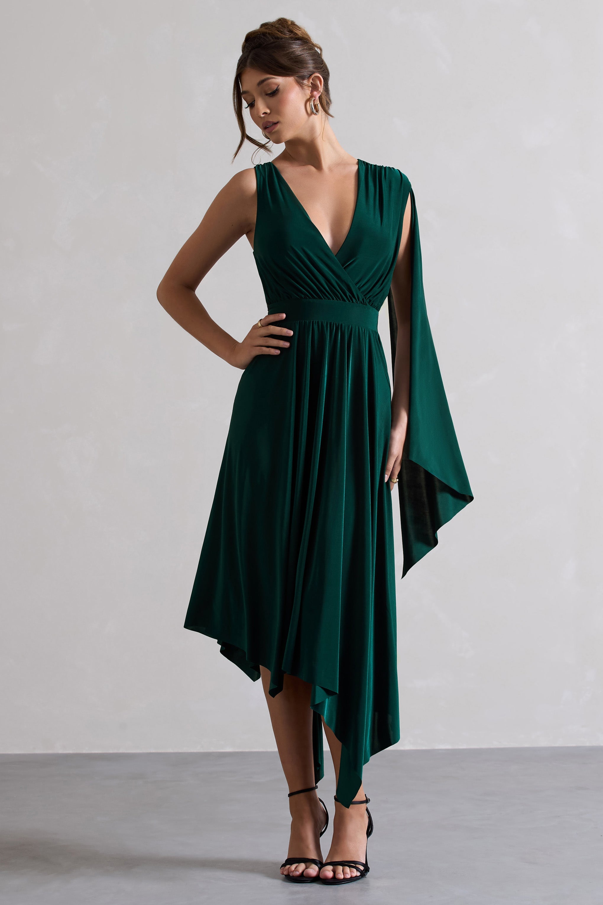 Fable | Bottle Green Plunge-Neck Maxi Dress With Cape Sleeve