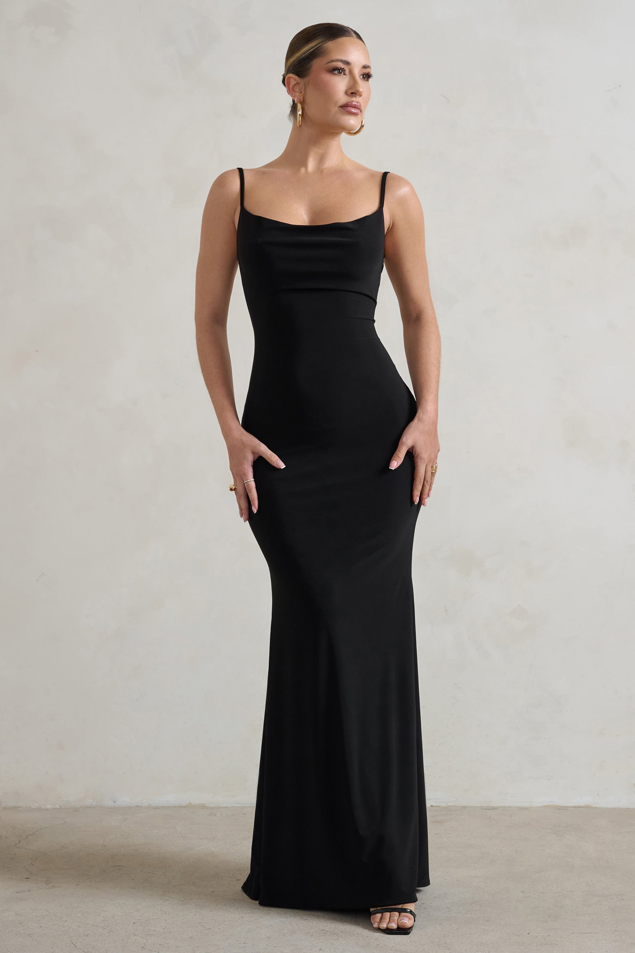 Francoise | Black Cowl Neck Backless Maxi Dress With Lace Insert