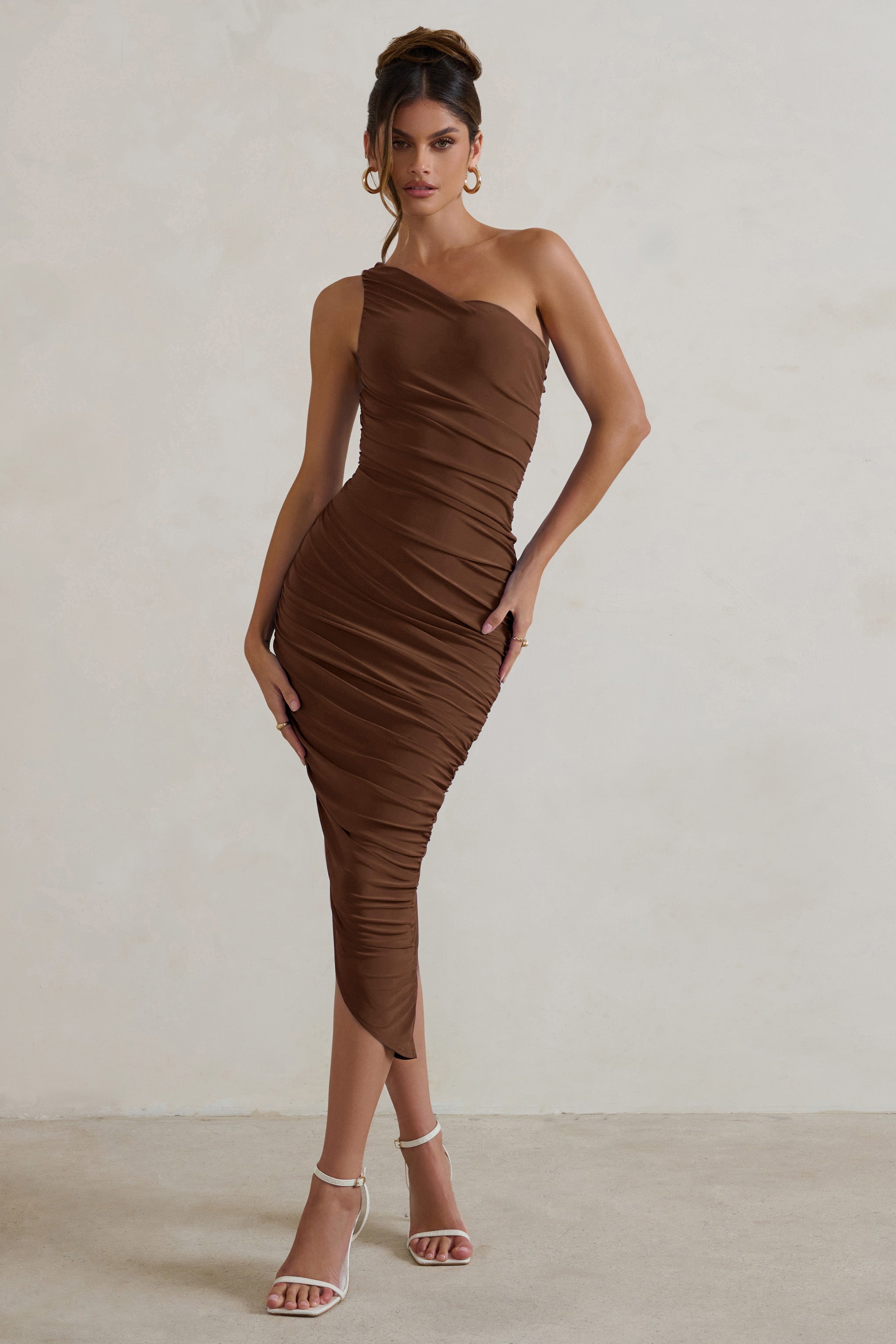 Dorit | Chocolate One Shoulder Asymmetric Ruched Midi Dress