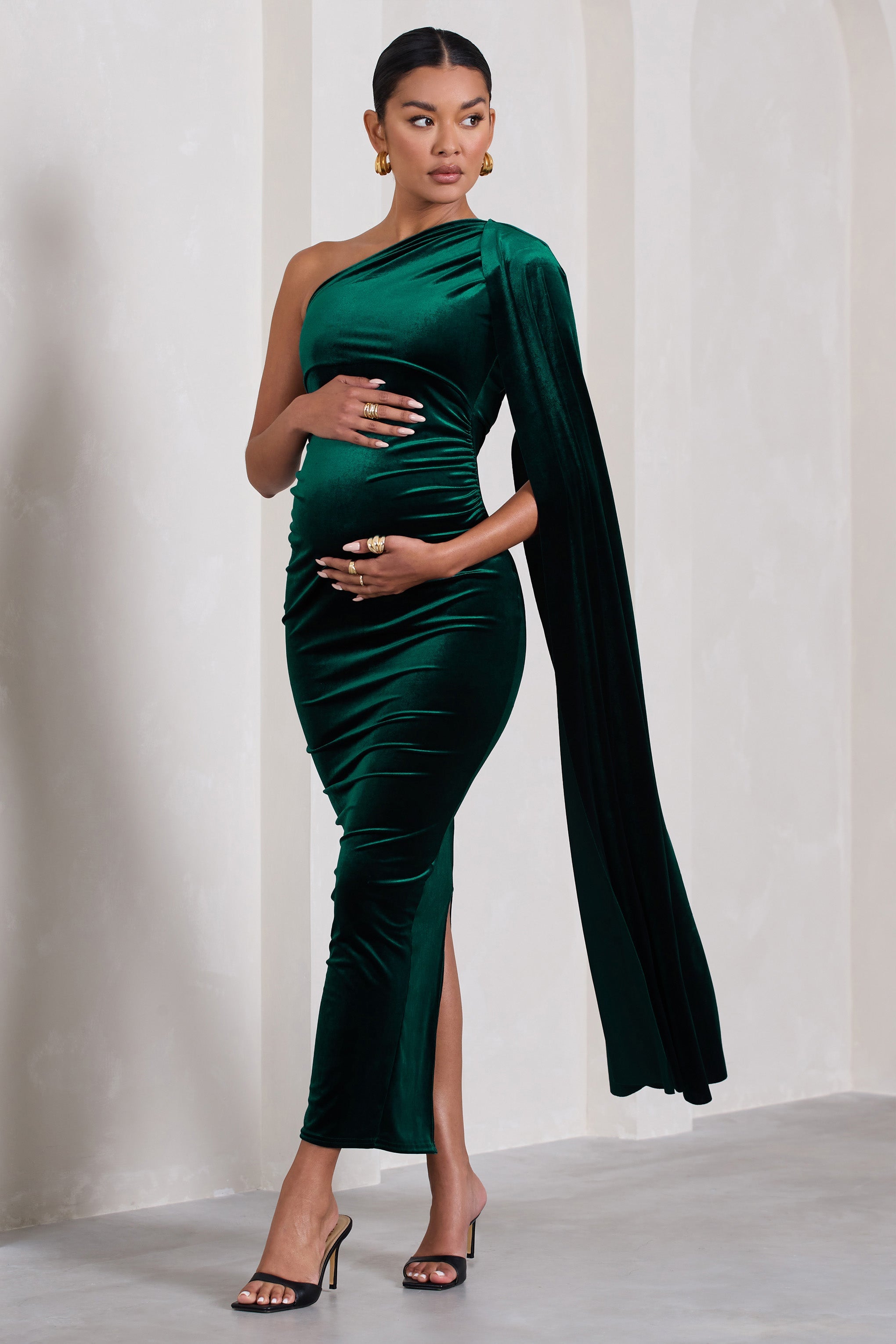 Amaryllis | Bottle Green Velvet Maternity One Shoulder Maxi Dress with Cape Sleeve