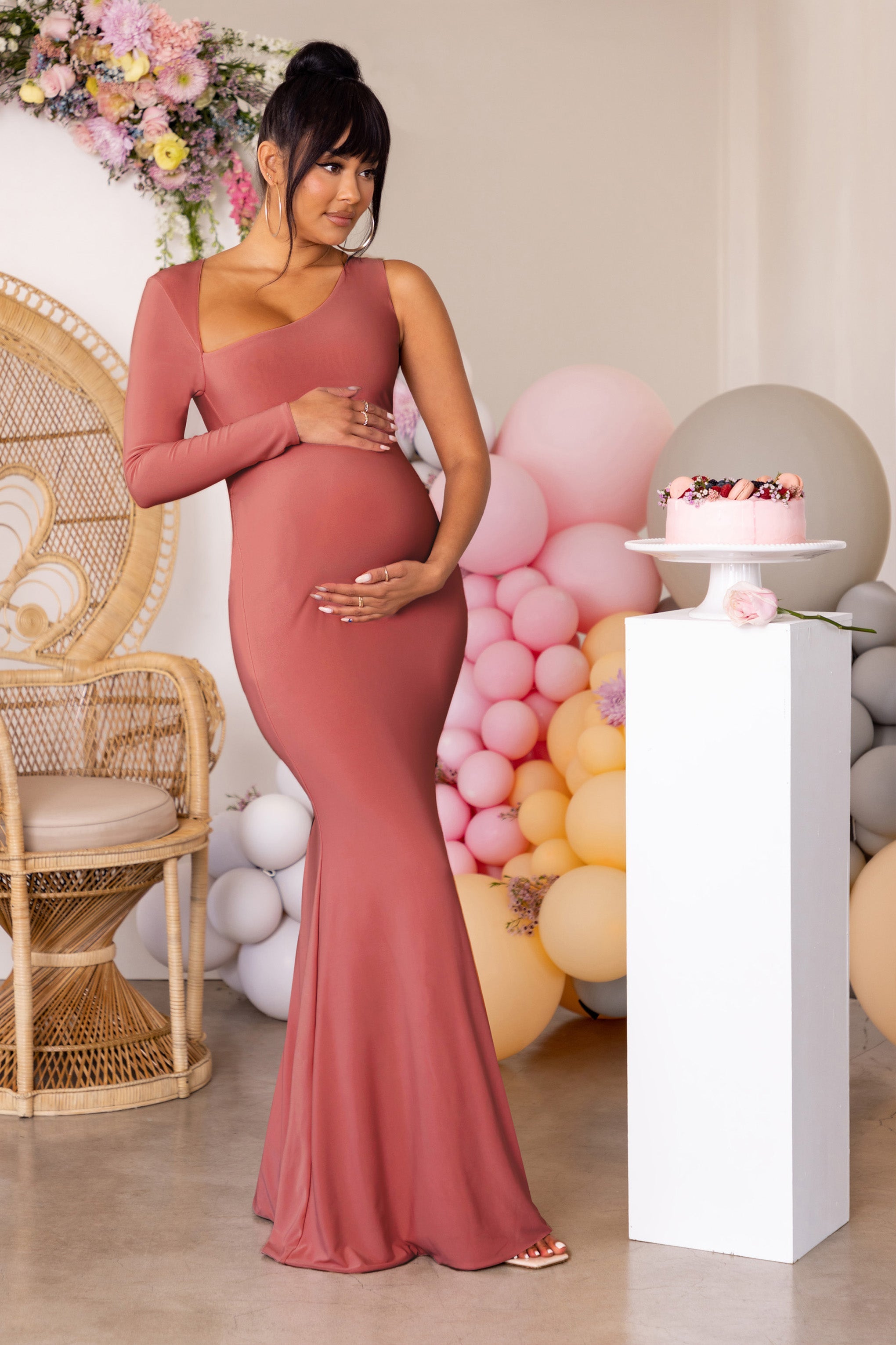 Oh Baby | Dusty Pink Maternity One Shoulder Cut Out Maxi Dress