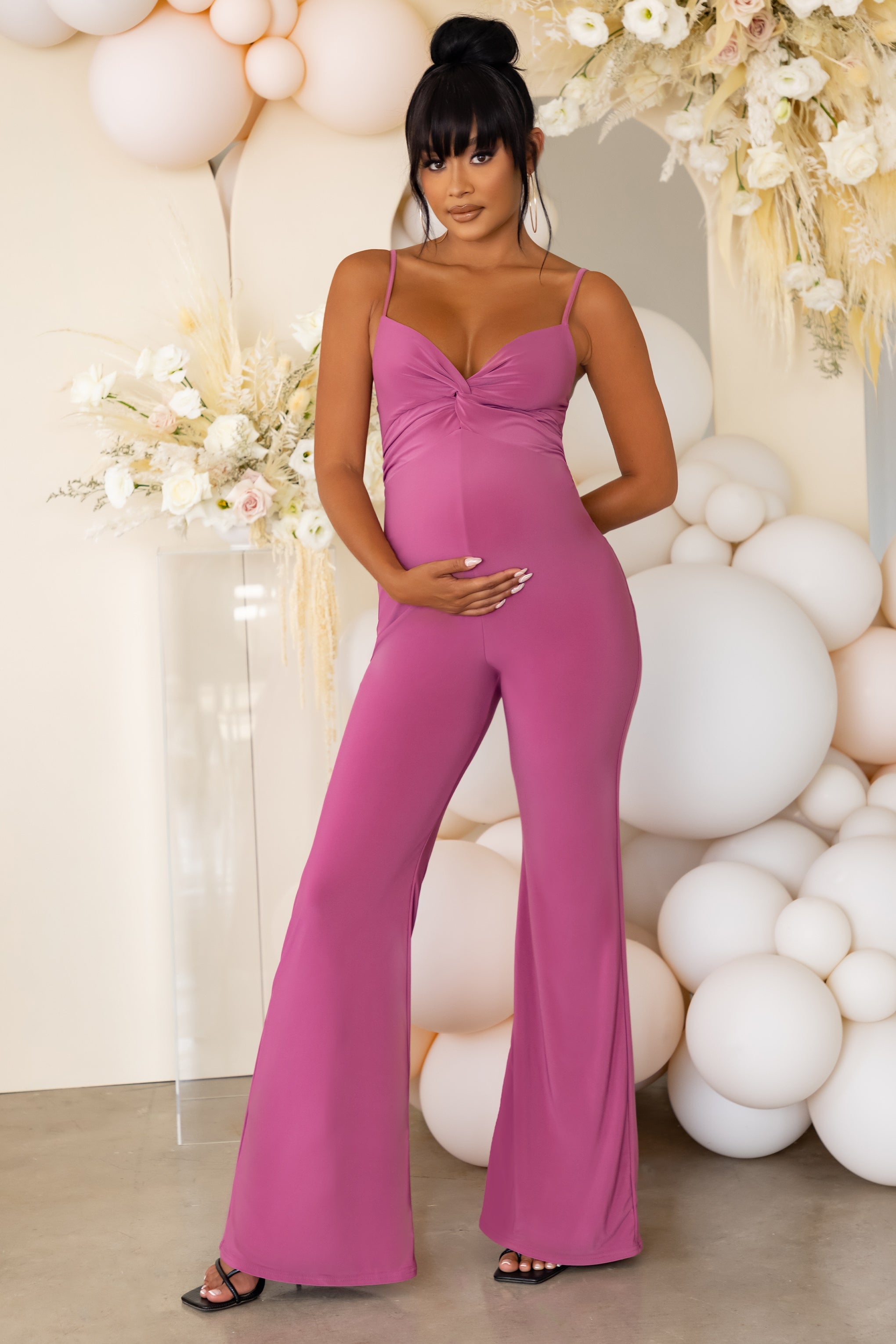 mama sass | orchid maternity twist front cami jumpsuit