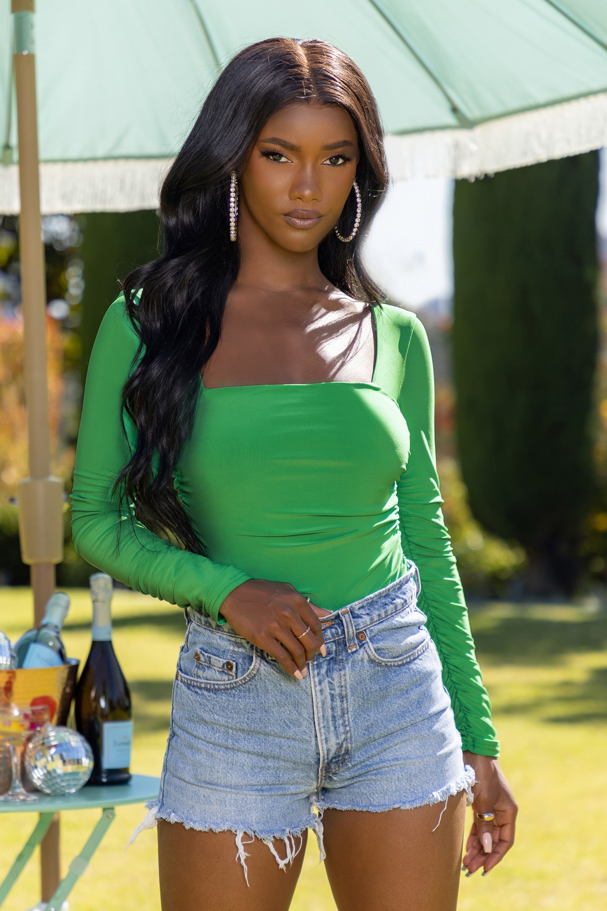 Celestial | Apple Green Square Neckline Bodysuit With Long Sleeves product