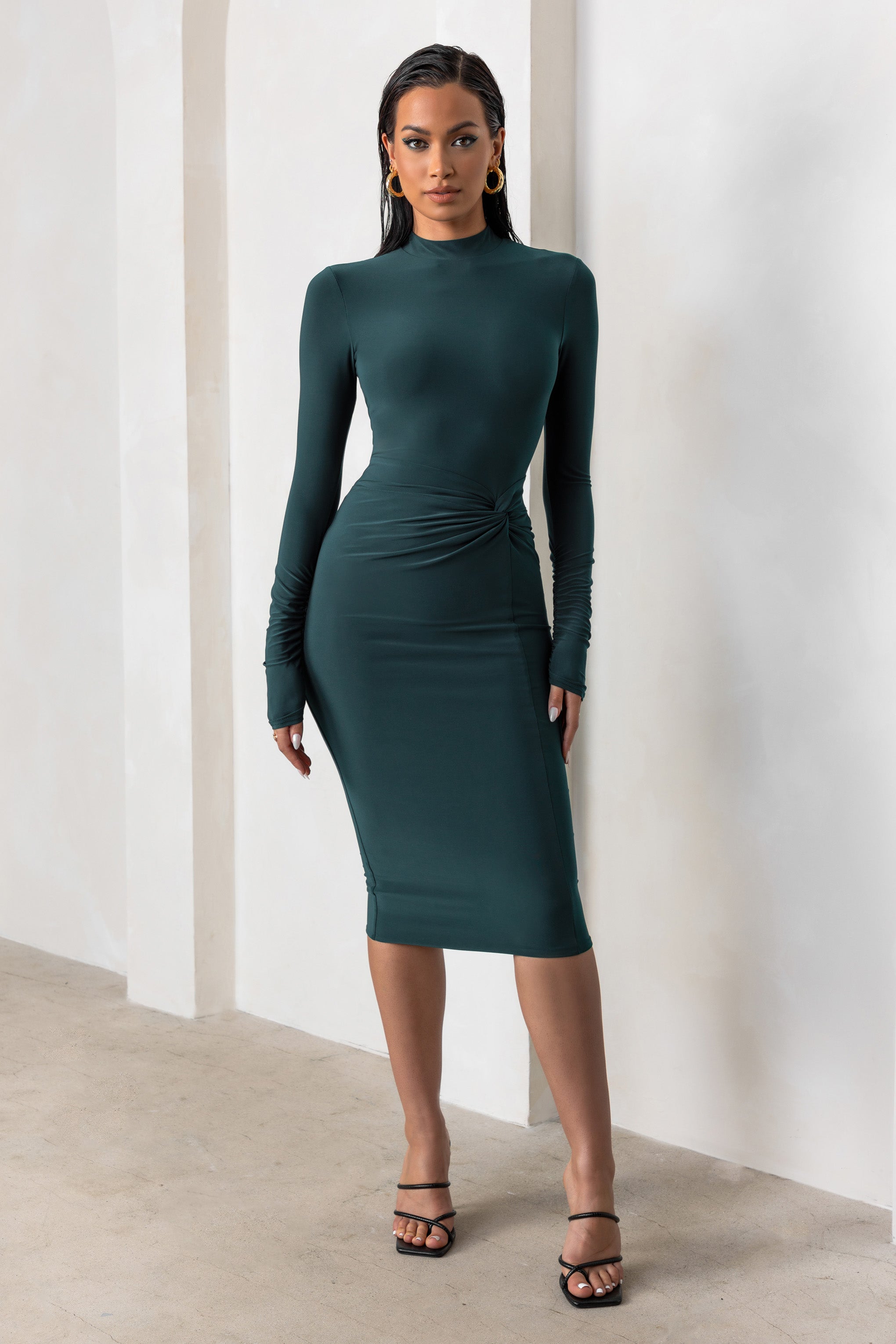 Endless Shapes | Bottle Green High Neck Long Sleeves Midi Dress With Skirt Twist Detail product