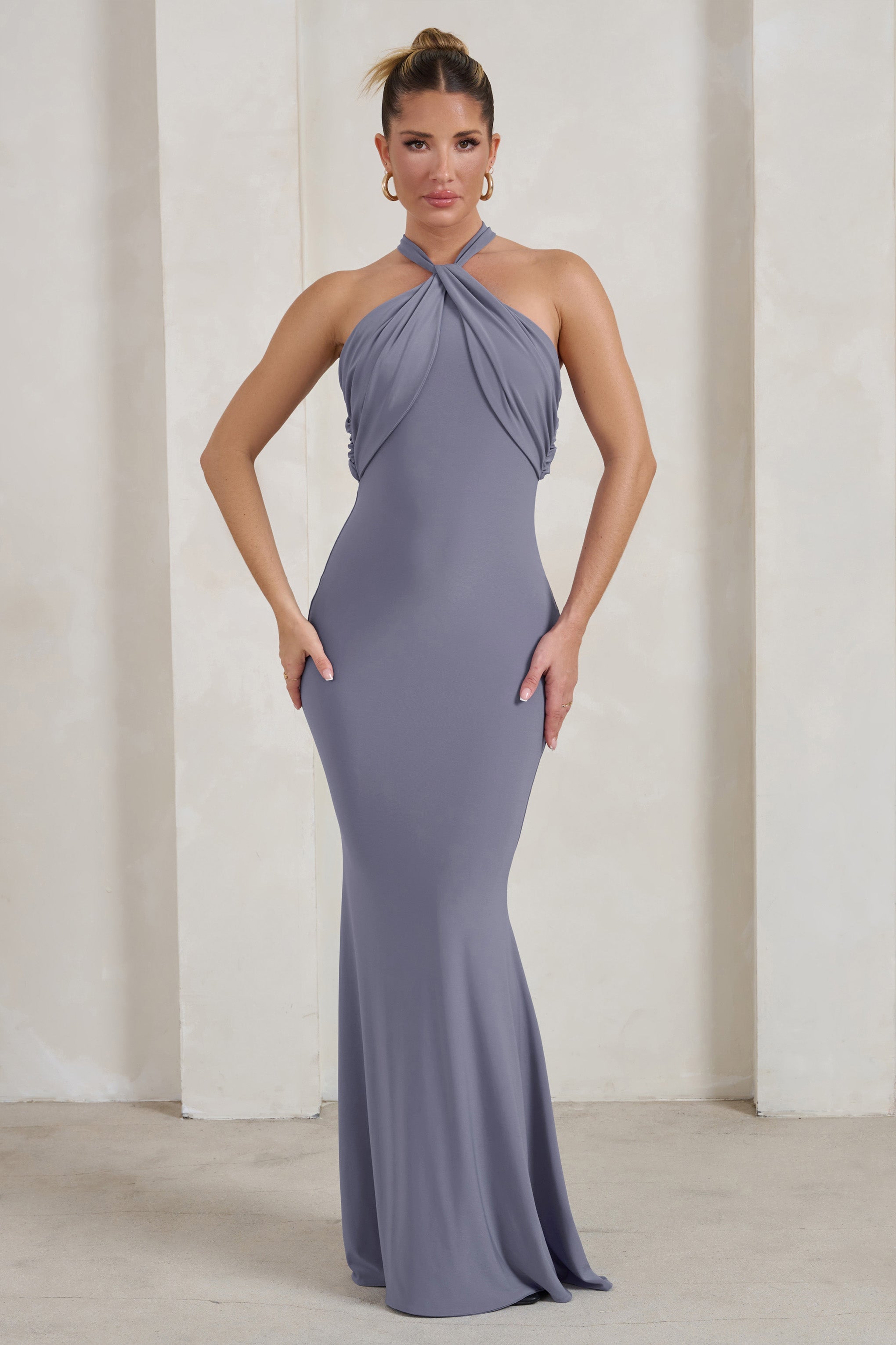 Genevieve | Grey Twist High Neck Drape Detail Maxi Dress