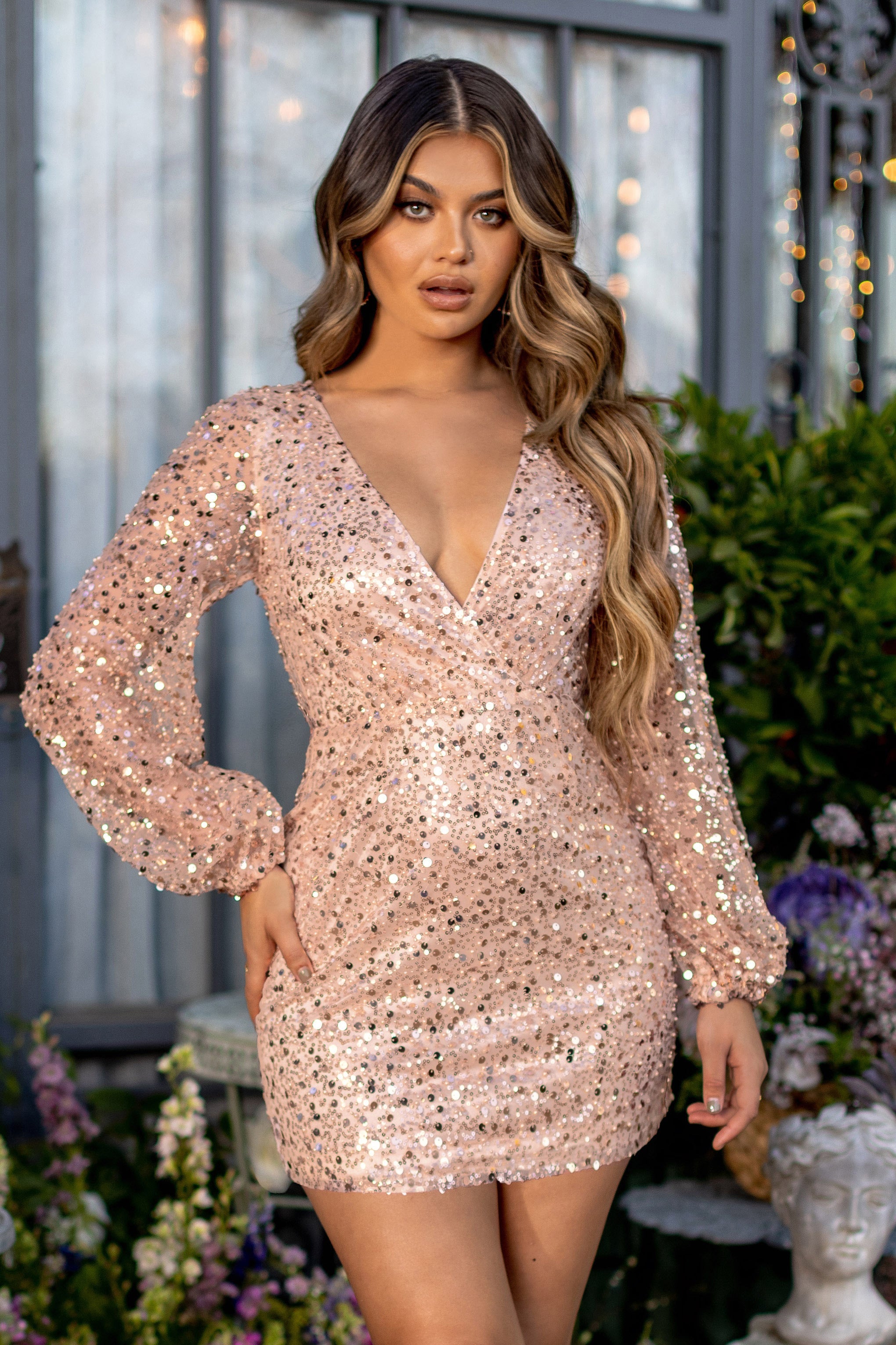 Bling | Petite Rose Gold Sequin Wrap Front Mini With Blouson Sleeves