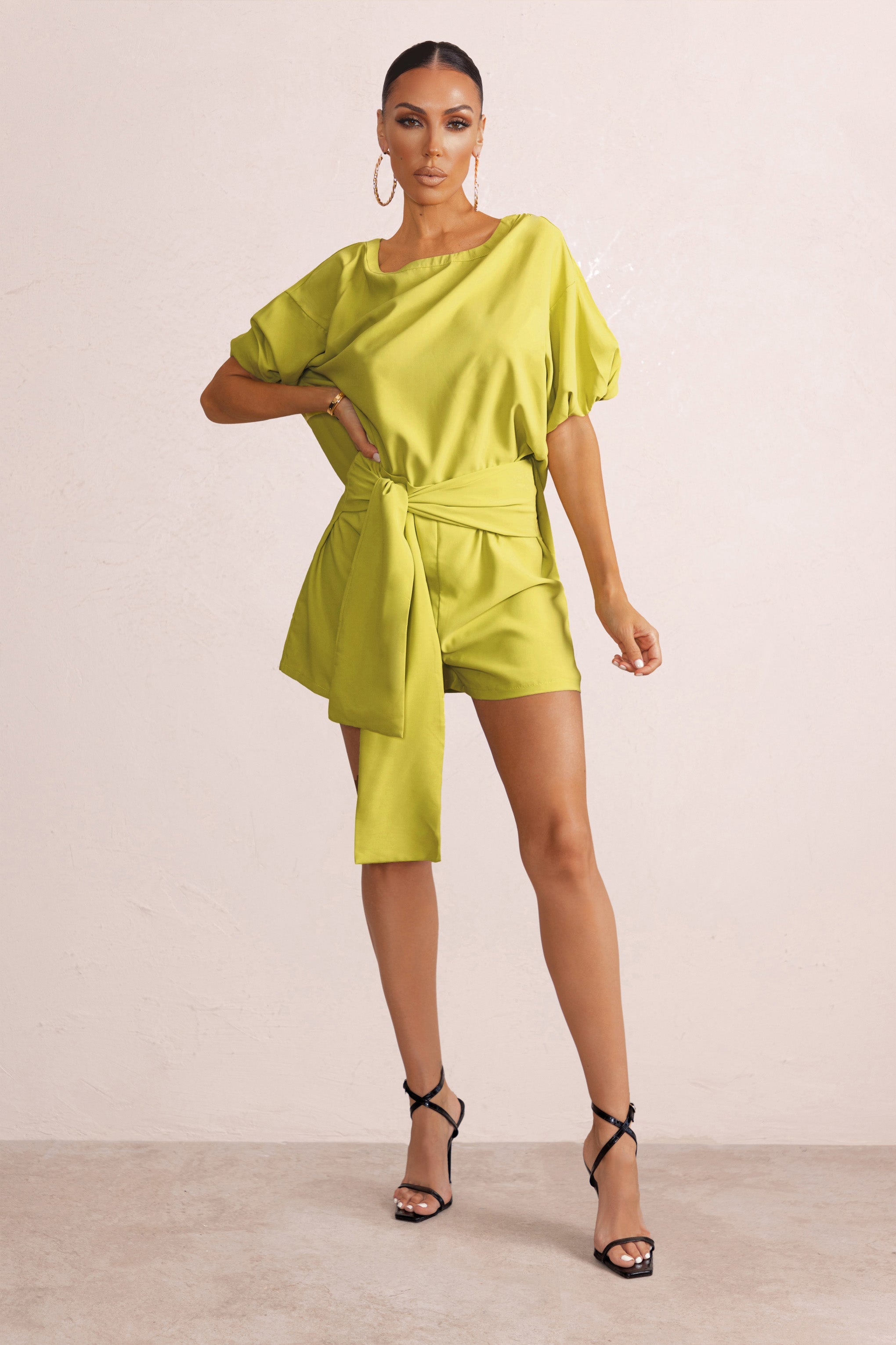 On Watch | Lime Drape Tie Detail High Waist Shorts product