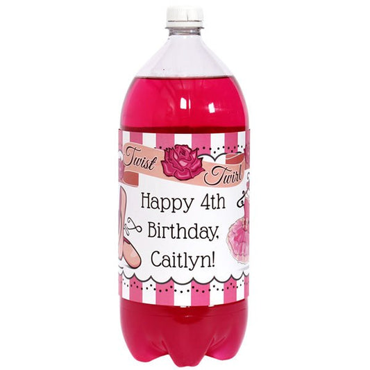 Ballerina Party Bottle Labels Personalized, Fits 2-liter Soda, 5 x 15 inch, set of 4