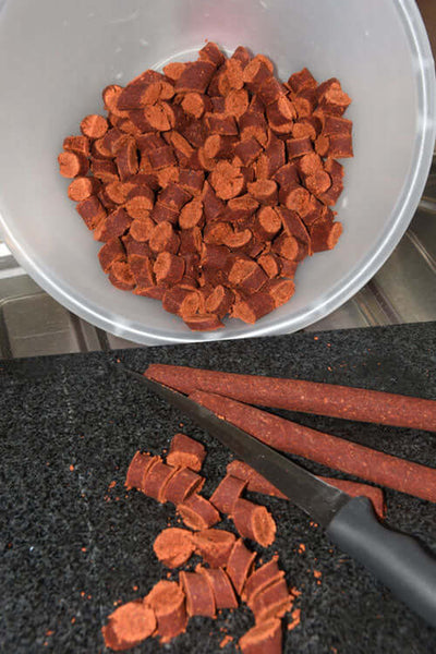 After drying for 24 hours cut the sausages into bait-sized chunks