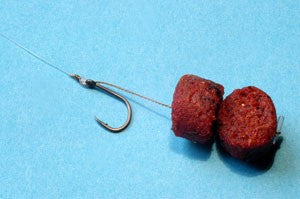 Dark red fishing bait on a hook and line.