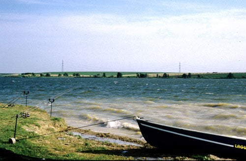 A boat tied to the shore, next to choppy waters.