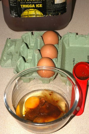 Mixing bowel and a carton of eggs.