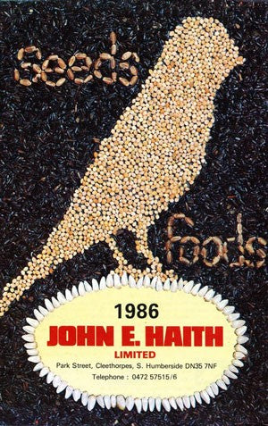 Cover of Haith's 1986 catalogue - seeds making up print and image of a bird.