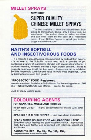 Text describing millet sprays, softbill food and colouring agents for birds.