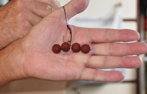 Four red boilies on a fishing hook.