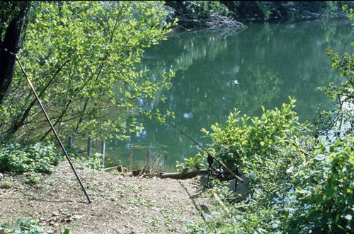 Photo of a fishing lake in the sunshine with a rod hanging of the lake