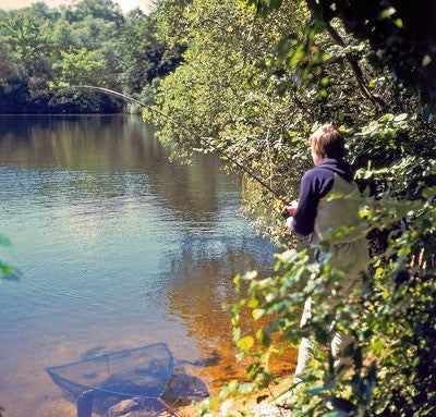 Image of  fishing lake in the sunshine showing a fisherman and his net with a rod in the lake