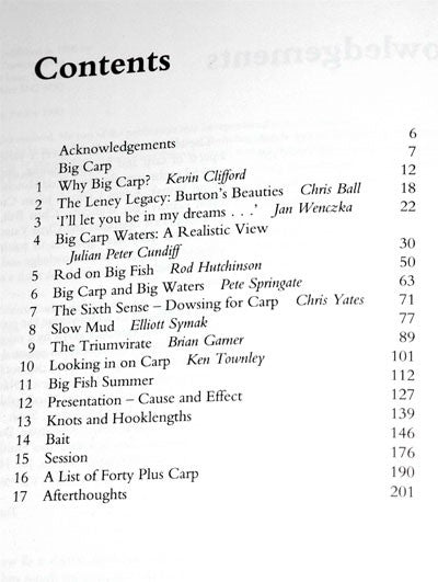 Photo of the inside cover of a book listing the contents
