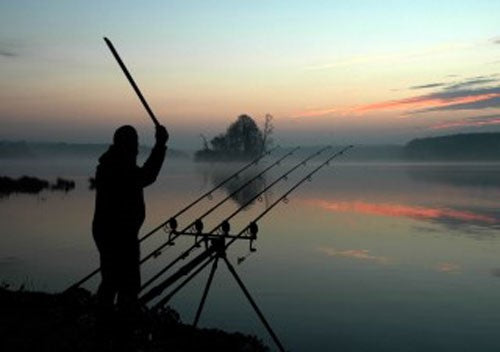 Photo of a fisherman on the lakeside at dawn with a row of fishing rods