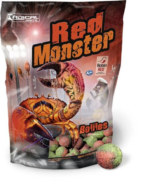 Red Monster packaging for boilies. Angry crab and scared fish.