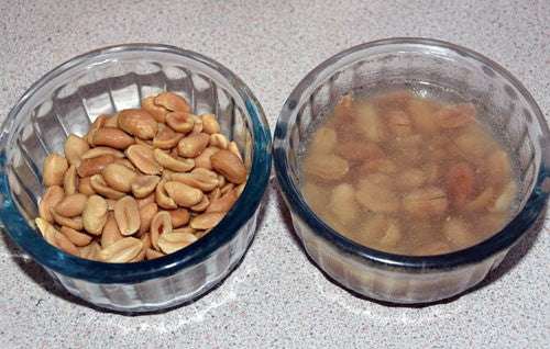 Dry peanuts in a glass pot, next to soaking ones.