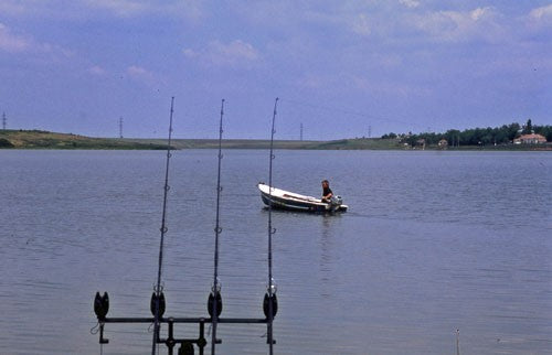 Three rods in front of a quiet fishing bay.
