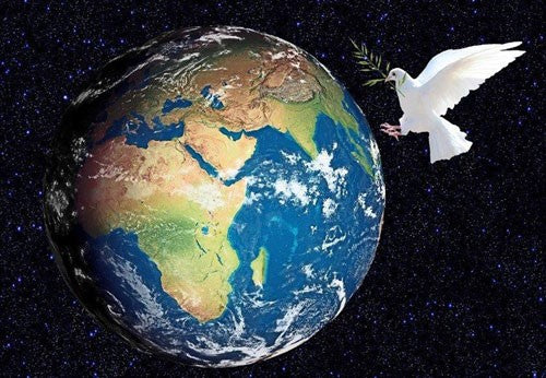 The World with a white dove in flight, about to take land.