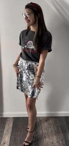 Oversized Christmas Graphic Tee styled with a sequin mini skirt - timeless holiday outfit, trendy Christmas party outfit combo